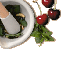 cherries, a mortar & pestle, and a bit of mint
